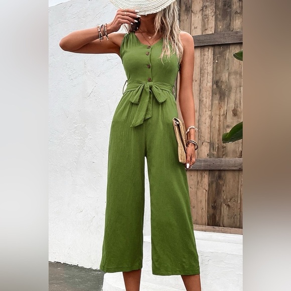 Summer Quench Button Front V Neck Tie Waist Jumpsuit - Picture 1 of 7